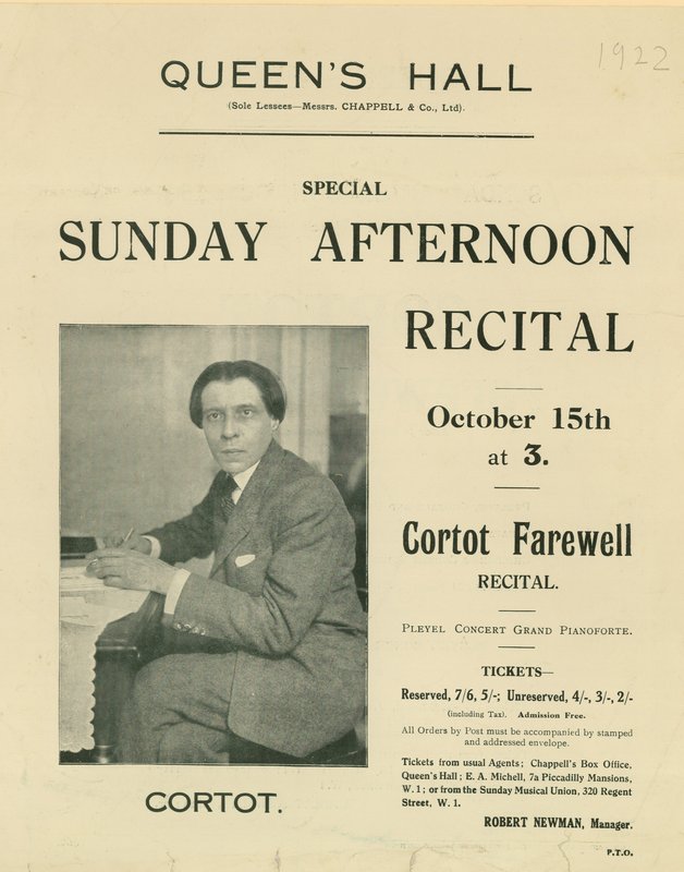 Program för Cortot Farewell Recital av English Photographer