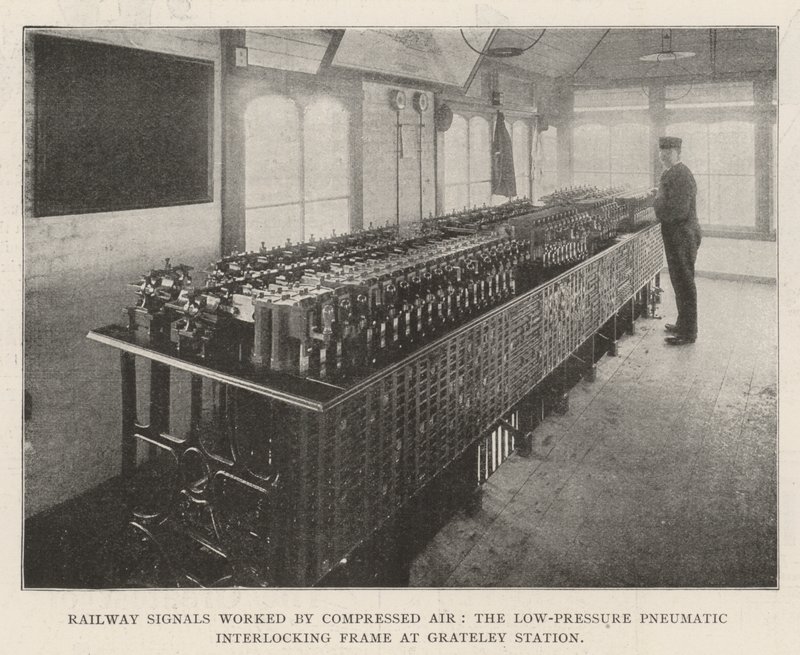 Järnvägssignaler arbetade av Compressed Air, den pneumatiska lågtrycksramen vid Grateley Station av English Photographer