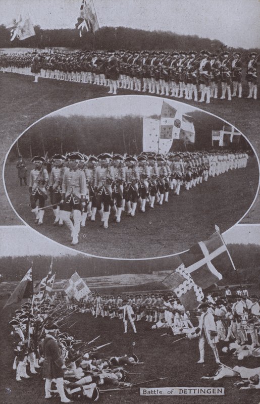 Återuppförande av slaget vid Dettingen, som utkämpades i Bayern 1743 under det österrikiska tronföljdskriget (svart/vitt foto) av English Photographer