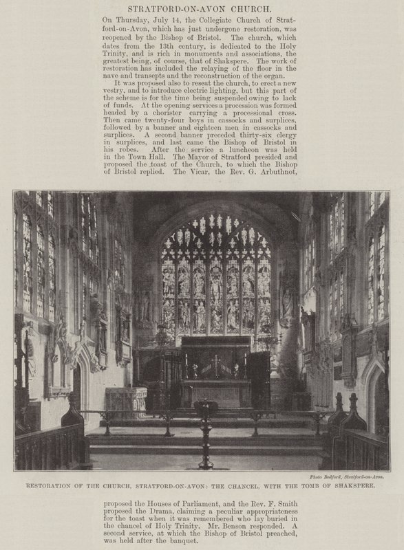 Restaurering av kyrkan, Stratford-on-Avon, kanseln, med Shakespeares grav av English Photographer