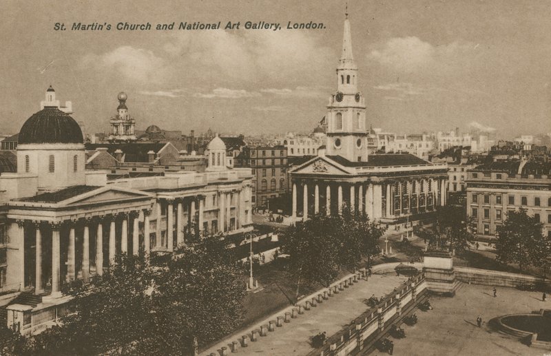 St Martins Church och National Art Gallery, London av English Photographer