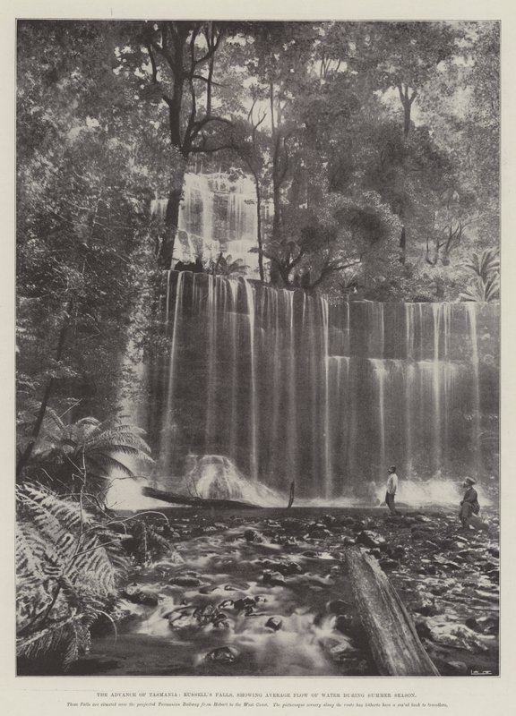 The Advance of Tasmania, Russells Falls, som visar genomsnittligt vattenflöde under sommarsäsongen av English Photographer