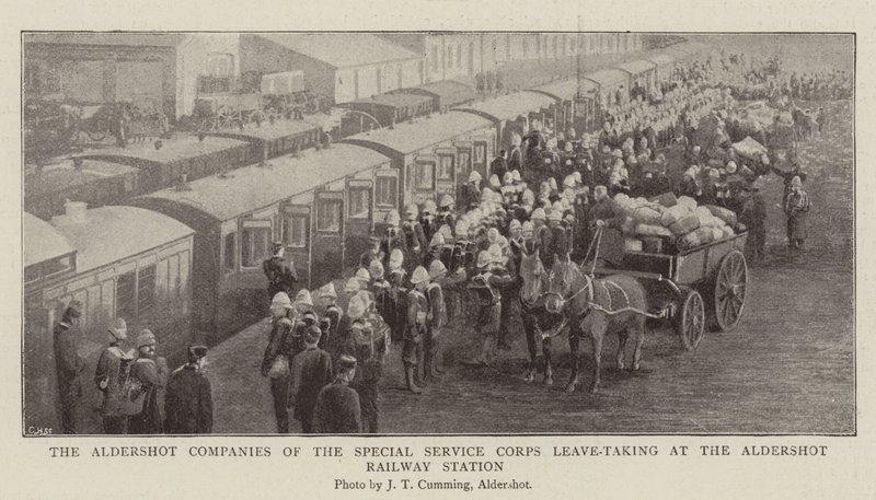 Aldershot-företagen från Special Service Corps Lämnar vid Aldershots järnvägsstation av English Photographer
