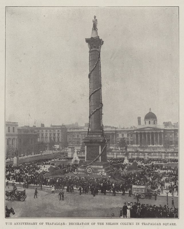 Årsdagen för Trafalgar, dekoration av Nelson-kolonnen på Trafalgar Square av English Photographer