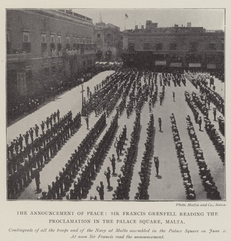 Tillkännagivandet av fred, Sir Francis Grenfell läser proklamationen på Palace Square, Malta av English Photographer