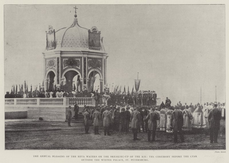 Nevavattnets årliga välsignelse vid isens uppbrytning, ceremonin inför tsaren utanför Vinterpalatset, St Petersburg av English Photographer