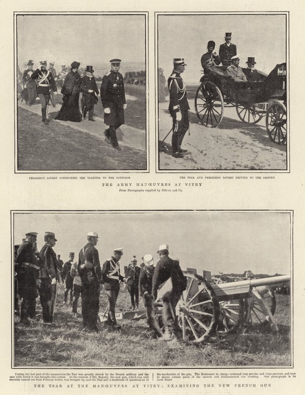 Arméns manövrar vid Vitry, tsaren vid manövrarna vid Vitry, undersöker den nya franska pistolen av English Photographer
