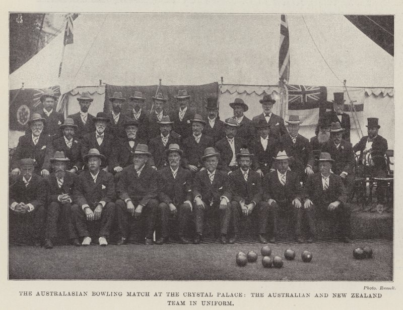 Australasian Bowling Match på Crystal Palace, Australiens och Nya Zeelands lag i uniform av English Photographer