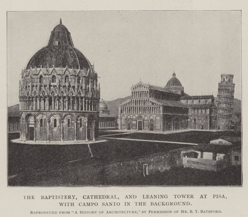 Baptisteriet, katedralen och det lutande tornet i Pisa, med Campo Santo i bakgrunden av English Photographer
