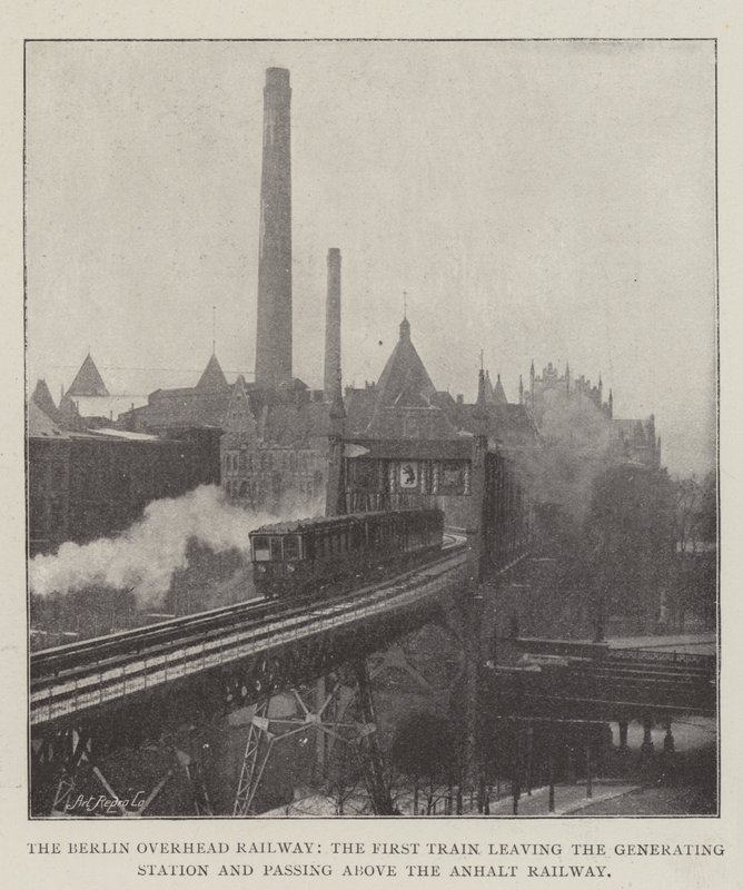 Berlin Overhead Railway, det första tåget som lämnar generatorstationen och passerar ovanför Anhalt Railway av English Photographer