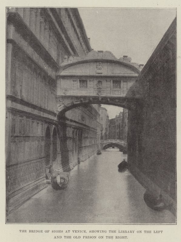 Suckarnas bron i Venedig, som visar biblioteket till vänster och det gamla fängelset till höger av English Photographer