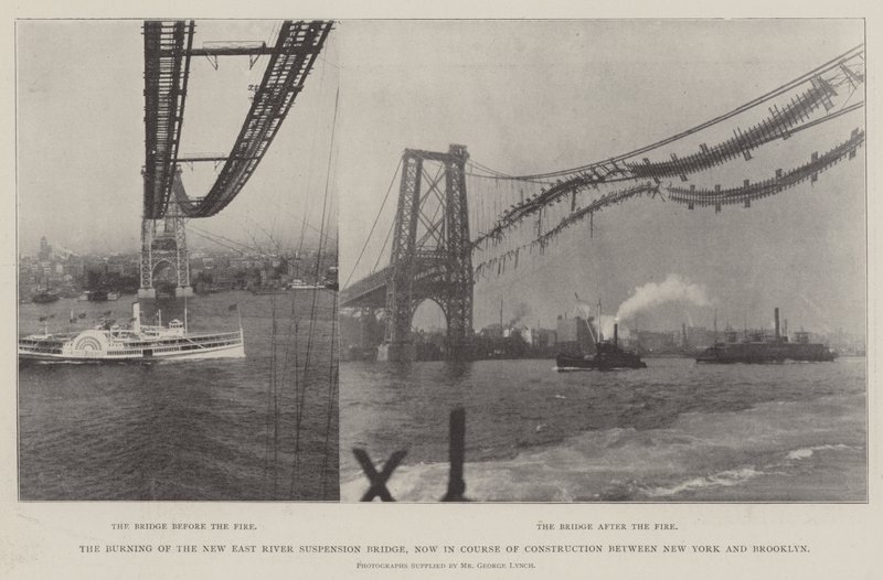 Brännandet av New East River Suspension Bridge, nu under uppbyggnad mellan New York och Brooklyn av English Photographer