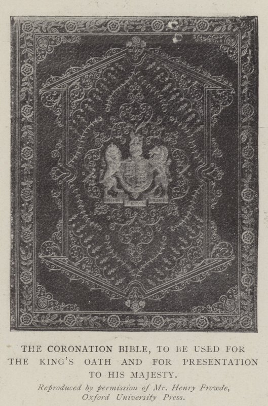 Kröningsbibeln, som ska användas för kungens ed och för presentation för hans majestät av English Photographer
