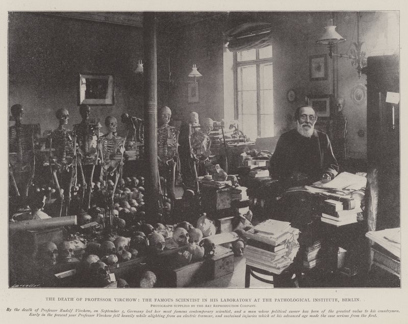 Professor Virchows död, den berömda vetenskapsmannen i hans laboratorium vid det patologiska institutet, Berlin av English Photographer