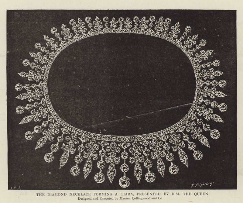 Diamanthalsbandet som bildar ett tiara, presenterat av HM Drottningen av English Photographer