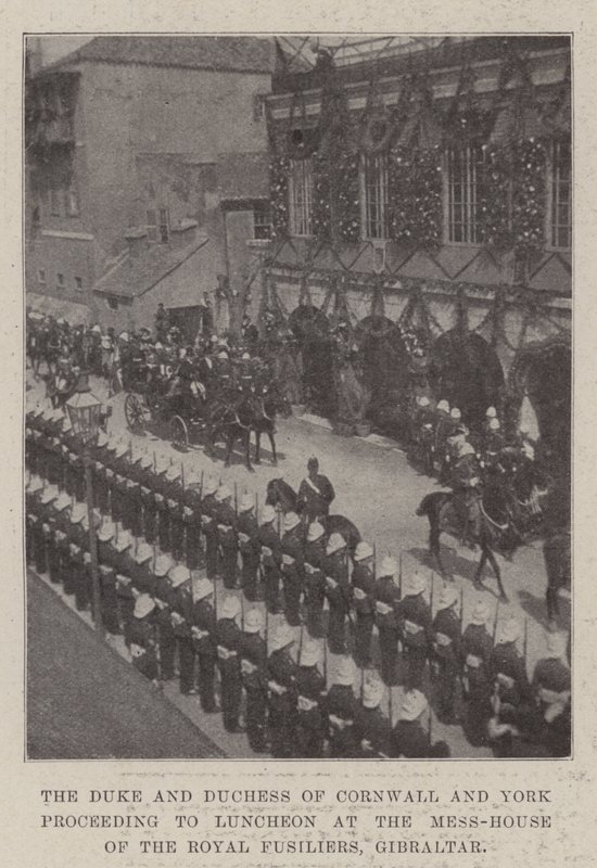 Hertigen och hertiginnan av Cornwall och York fortsätter till lunch i Mess-House of the Royal Fusiliers, Gibraltar av English Photographer