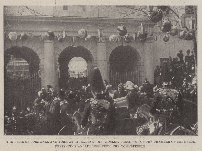 Hertigen av Cornwall och York i Gibraltar, Mr Mosley, president för handelskammaren, håller ett anförande från stadsborna av English Photographer