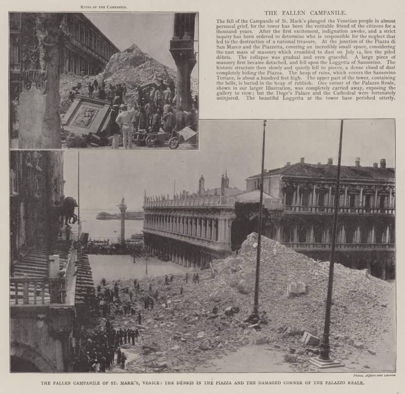 Den fallna Campanile of St Marks, Venedig, skräpet på Piazza och det skadade hörnet av Palazzo Reale av English Photographer