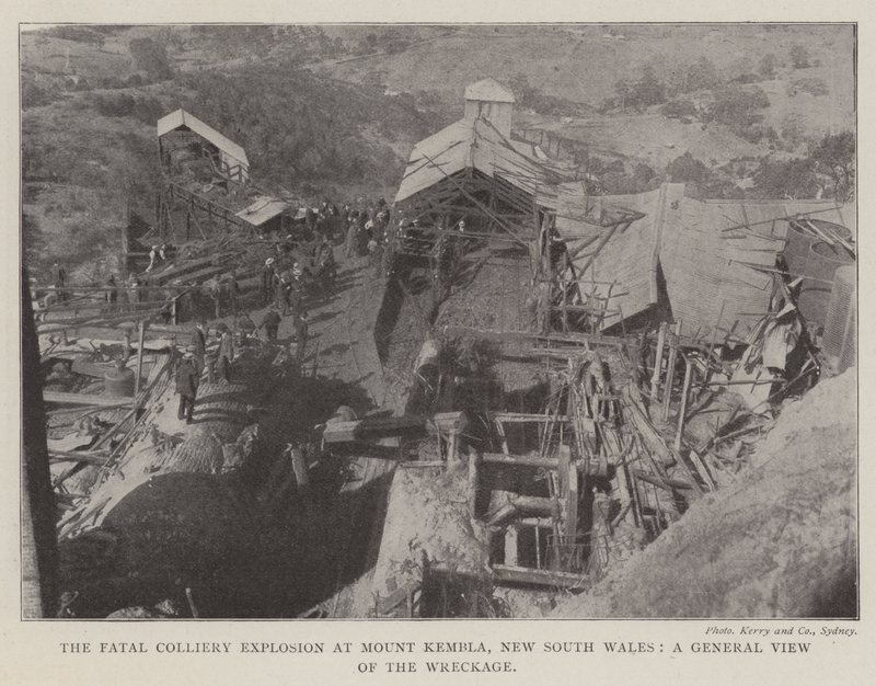 The Fatal Colliery Explosion på Mount Kembla, New South Wales, en allmän bild av vraket av English Photographer