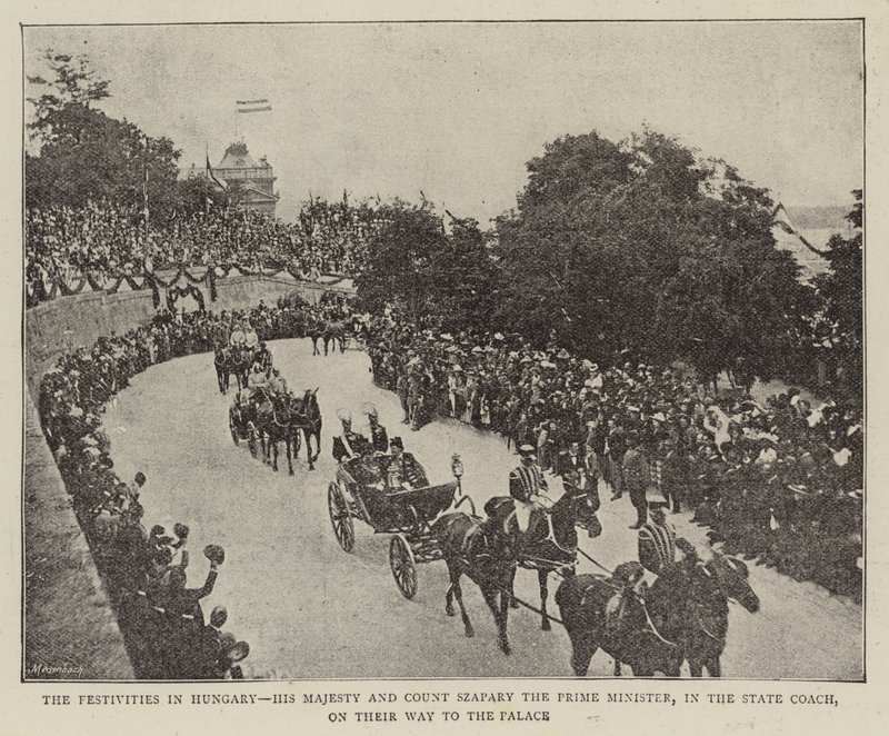 Festligheterna i Ungern, hans majestät och greve Szapary premiärministern, i statsvagnen, på väg till palatset av English Photographer