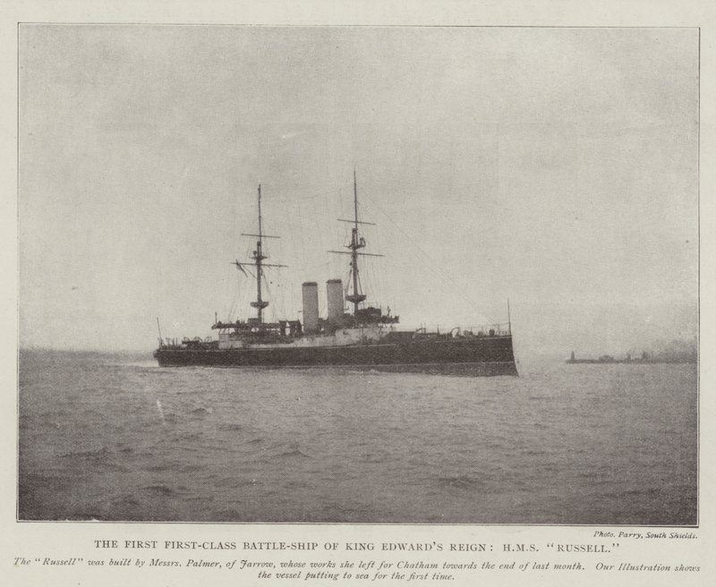 Det första förstklassiga slagskeppet under kung Edwards regeringstid, HMS Russell av English Photographer