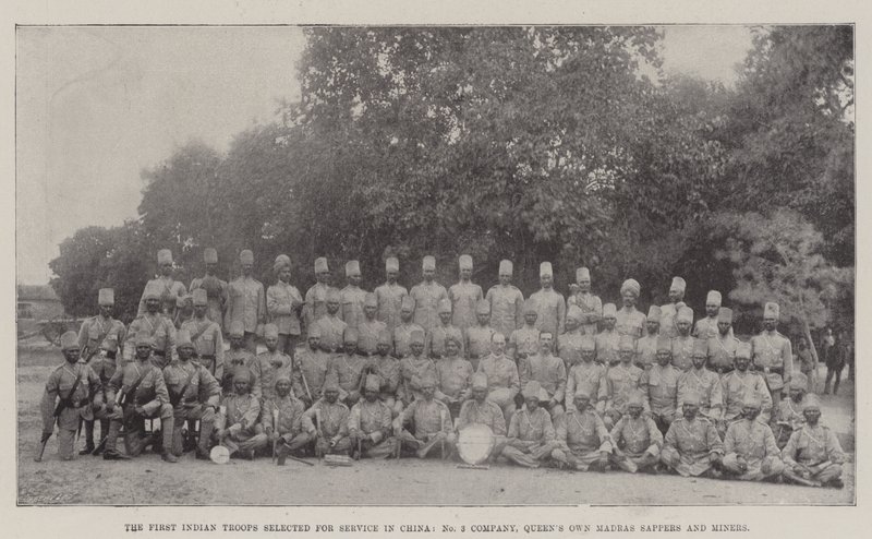 De första indiska trupperna utvalda för tjänst i Kina, No 3 Company, Queens Own Madras Sappers and Miners av English Photographer