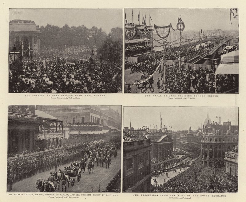 De utländska prinsarna passerar Hyde Park Corner, Sir Wilfrid Laurier, GCMG, Kanadas premiärminister, och Colonial Escort i Pall Mall, Naval Brigade som korsar London Bridge, processionen från Roof of the the av English Photographer