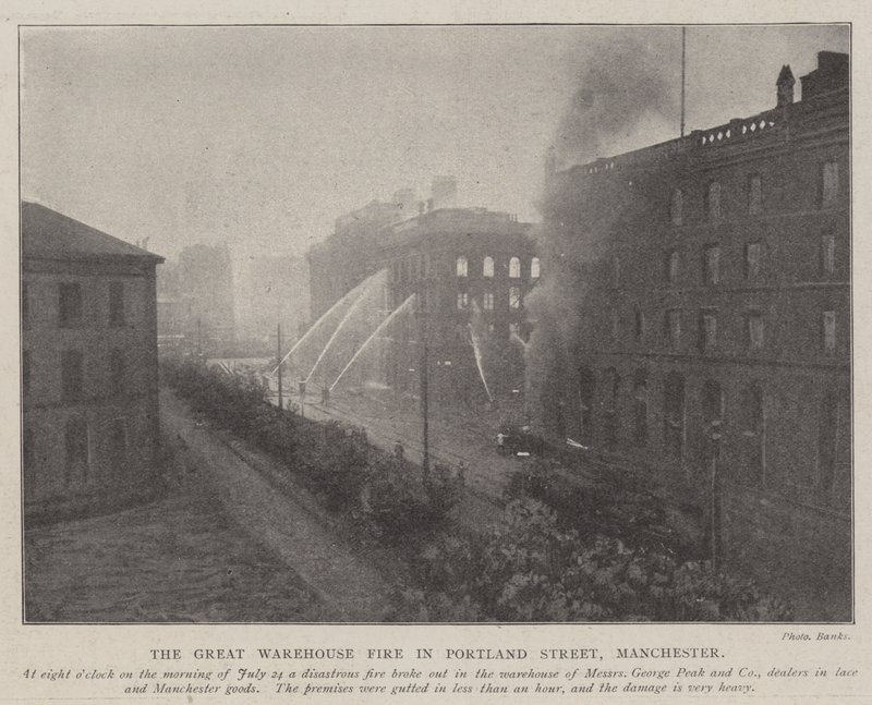 The Great Warehouse Fire i Portland Street, Manchester av English Photographer