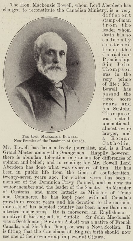 Den ärade Mackenzie Bowell, ny premiärminister för Dominion of Canada av English Photographer