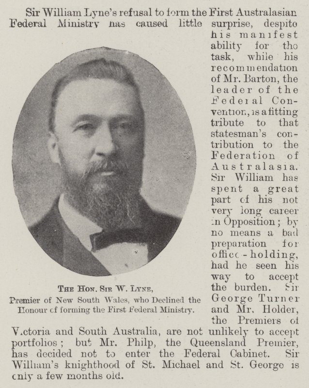 Den ärade Sir W Lyne, premiärminister i New South Wales, som tackade nej till äran att bilda det första federala ministeriet av English Photographer