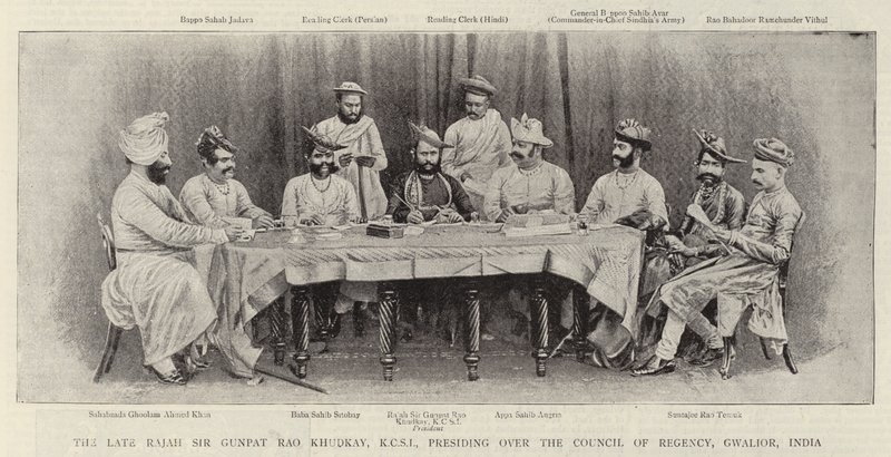 Den sene Rajah Sir Gunpat Rao Khudkay, KCSI, presiderar över Regencyrådet, Gwalior, Indien av English Photographer