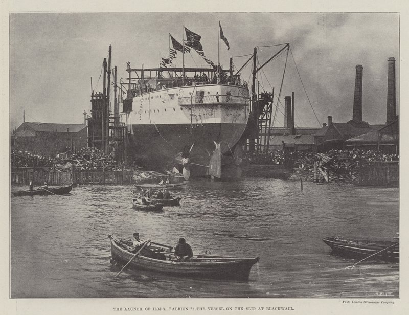 Lanseringen av HMS Albion, fartyget på slänten vid Blackwall av English Photographer