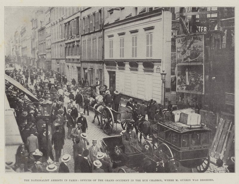 Nationalistiska arresteringar i Paris, Grand Occidens kontor i Rue Chabrol, där M Guerin belägrades av English Photographer