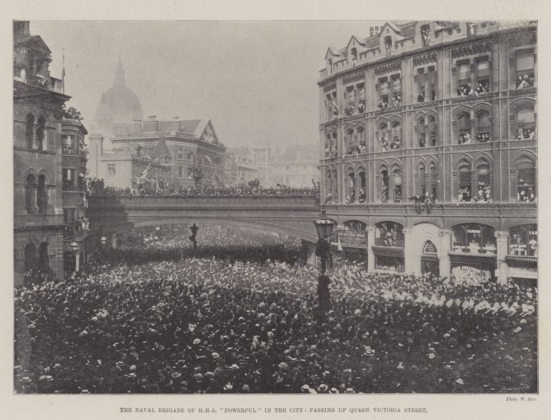 Naval Brigade of HMS Powerful in the City, passerar Queen Victoria Street av English Photographer