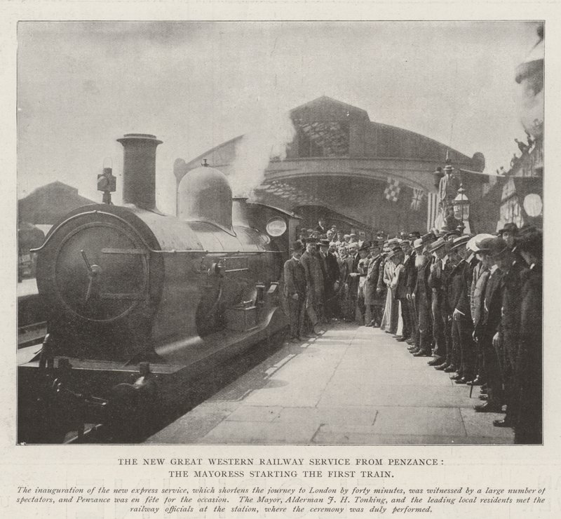 The New Great Western Railway Service från Penzance, borgmästarinnan som startar det första tåget av English Photographer