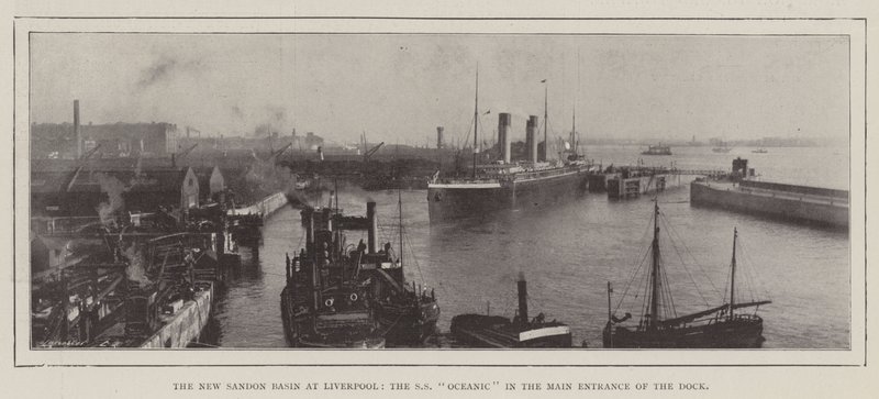 The New Sandon Basin i Liverpool, SS Oceanic i huvudingången till Dock av English Photographer