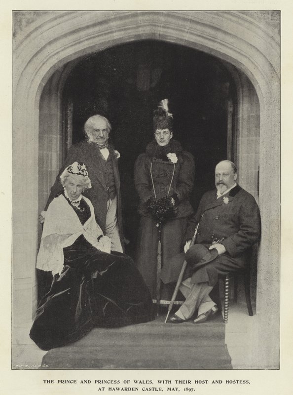 Prinsen och prinsessan av Wales, med sin värd och värdinna, på Hawarden Castle, maj 1897 av English Photographer
