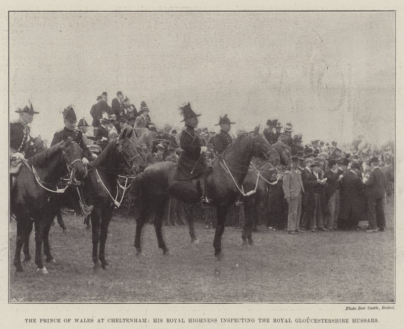 Prinsen av Wales i Cheltenham, hans kungliga höghet inspekterar Royal Gloucestershire Hussars av English Photographer