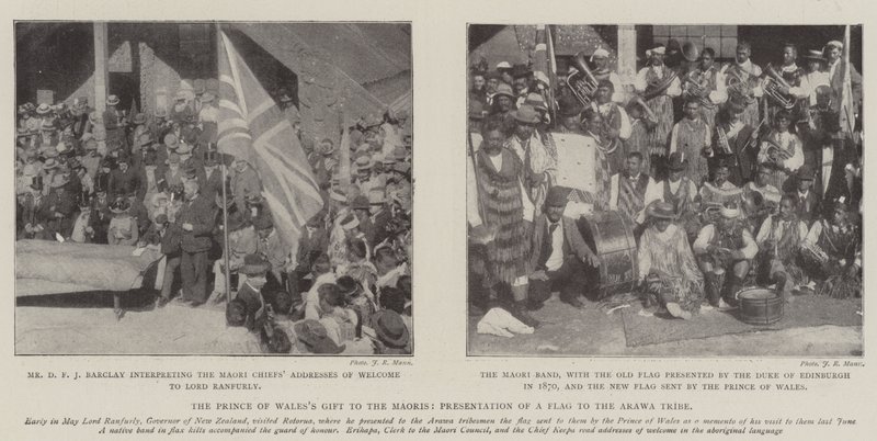 Prinsen av Wales gåva till maorierna, presentation av en flagga till Arawa-stammen av English Photographer