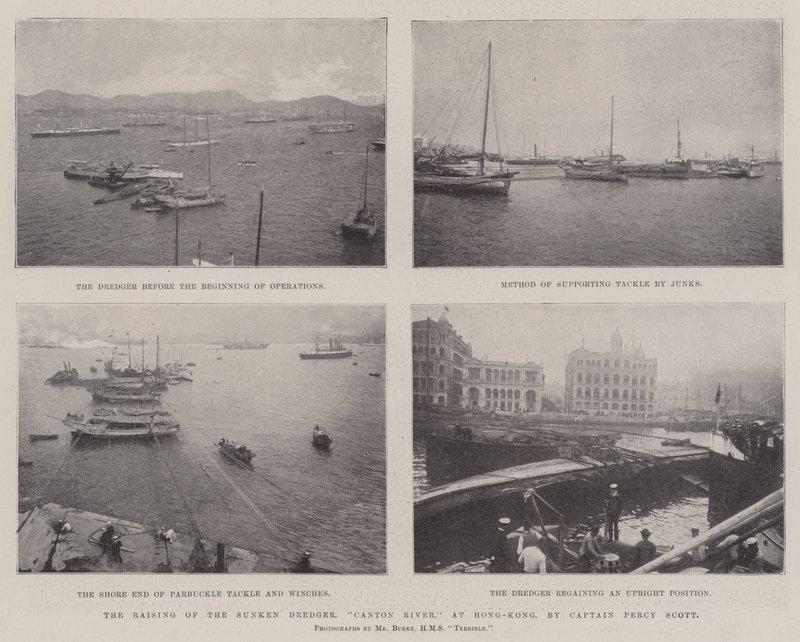 The Raising of the Sunken Dredger, Canton River, i Hong-Kong, av kapten Percy Scott av English Photographer