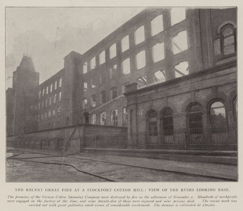 Den senaste stora branden vid en Stockport Cotton Mill, utsikt över ruinerna österut av English Photographer
