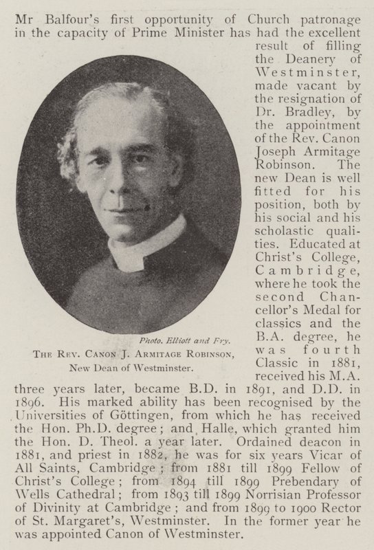 Reverend Canon J Armitage Robinson, ny dekanus i Westminster av English Photographer