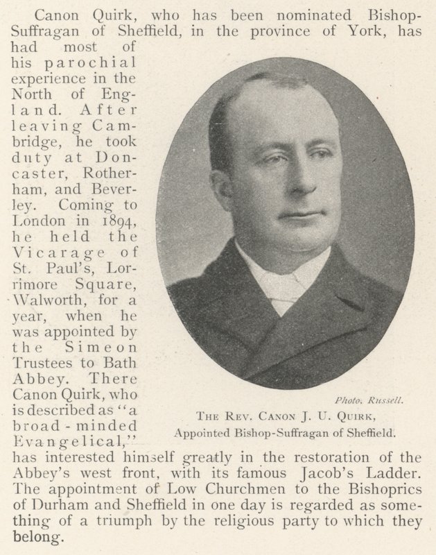 Reverend Canon J U Quirk, utnämnd till biskop-Suffragan av Sheffield av English Photographer