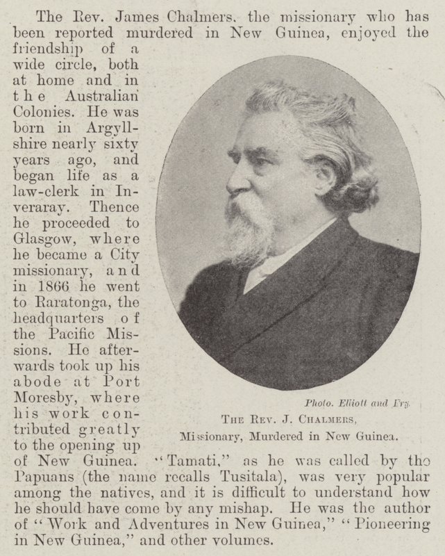 Pastor J Chalmers, missionär, mördad i Nya Guinea, april 1901 av English Photographer