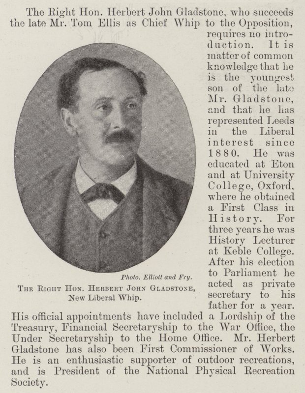 Den rätte ärade Herbert John Gladstone, New Liberal Whip av English Photographer