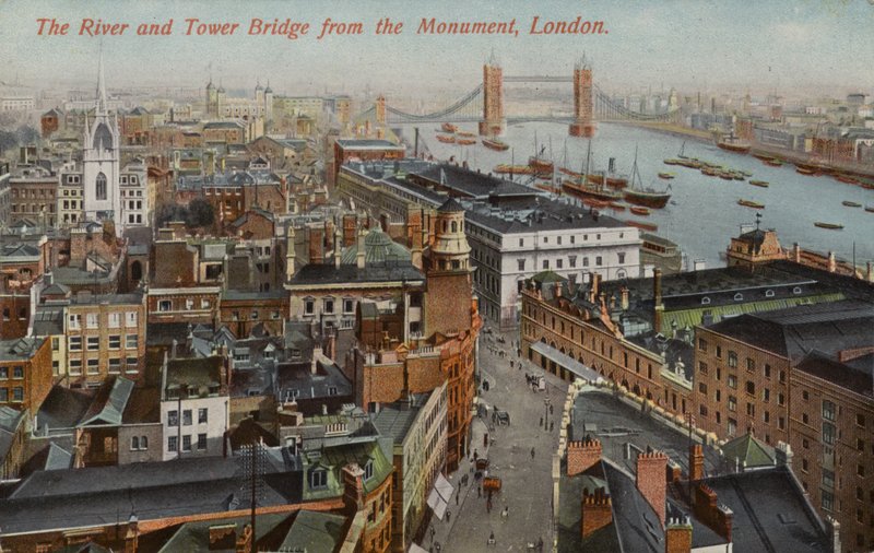 Floden och Tower Bridge från monumentet, London av English Photographer