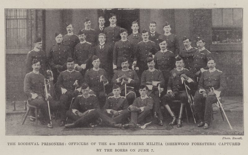 Roodeval Prisoners, officerare från 4th Derbyshire Militia (Sherwood Foresters) tillfångatagna av boerna den 7 juni av English Photographer