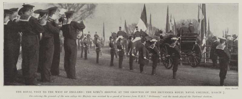 Det kungliga besöket i västra England, kungarnas ankomst till Britannia Royal Naval College, 7 mars av English Photographer