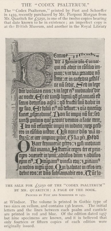 Försäljningen för £5250 av Codex Psalterum av Mr Quaritch, en sida i boken av English Photographer