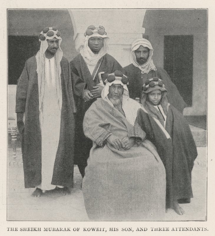 Sheikh Mubarak av Koweit, hans Son och tre skötare av English Photographer